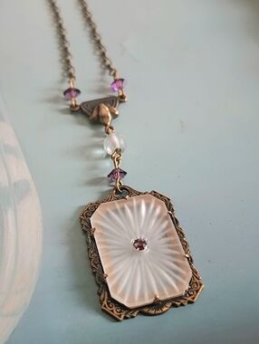 Vintage Brass Camphor Glass Lariat Pendant